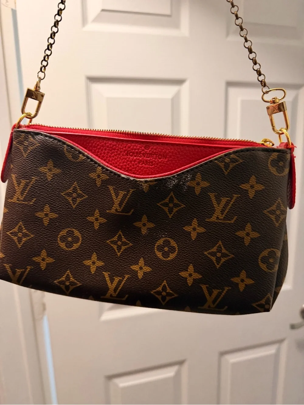 Louis Vuitton Monogram Canvas Crossbody with Bright Red Trim and Gold Chain